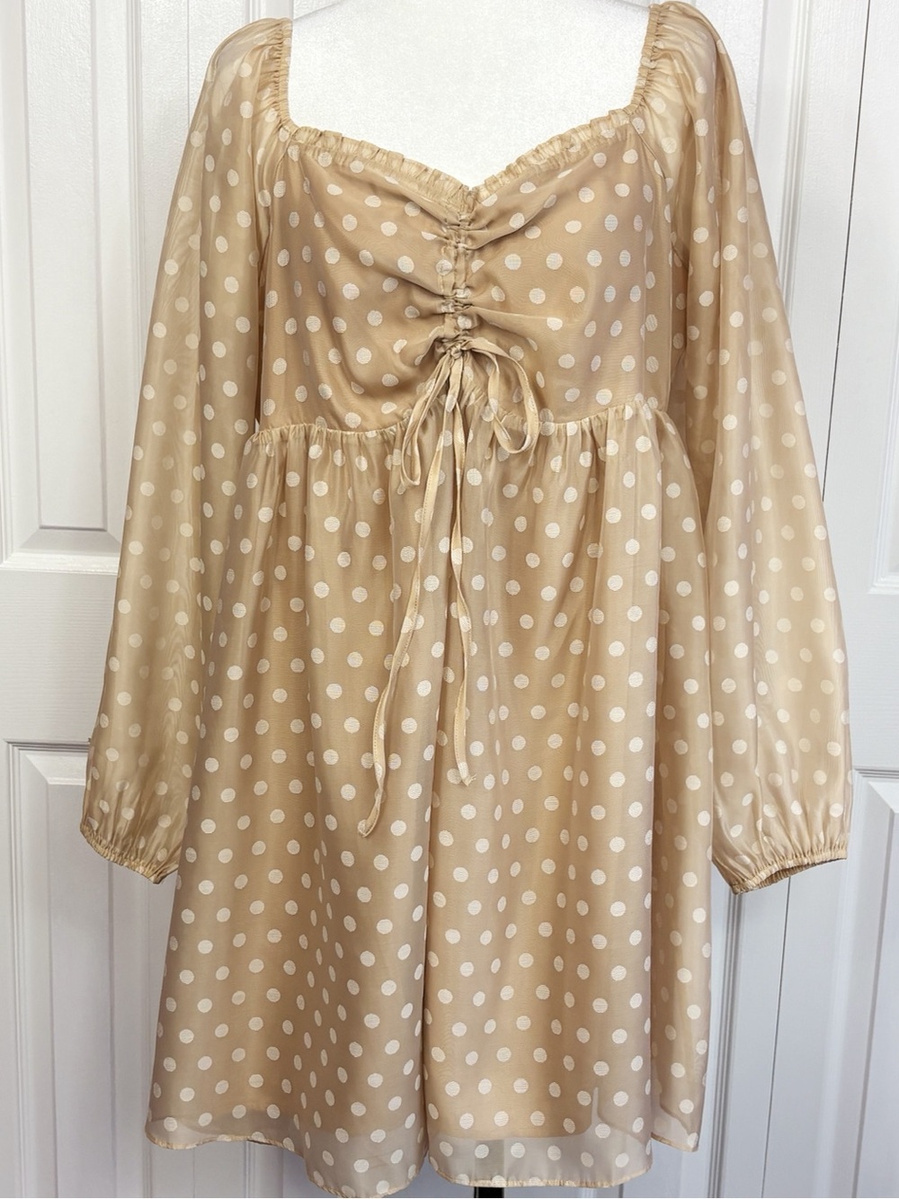 NWT Arula Taupe Tan & Ivory Polka Dot Sweetheart Babydoll Mini Dress 2X